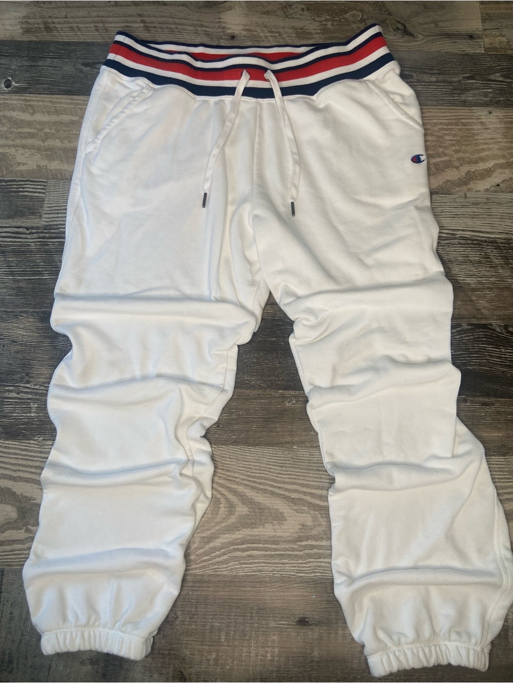 Champion White Joggers with Red & Navy Striped Waistband